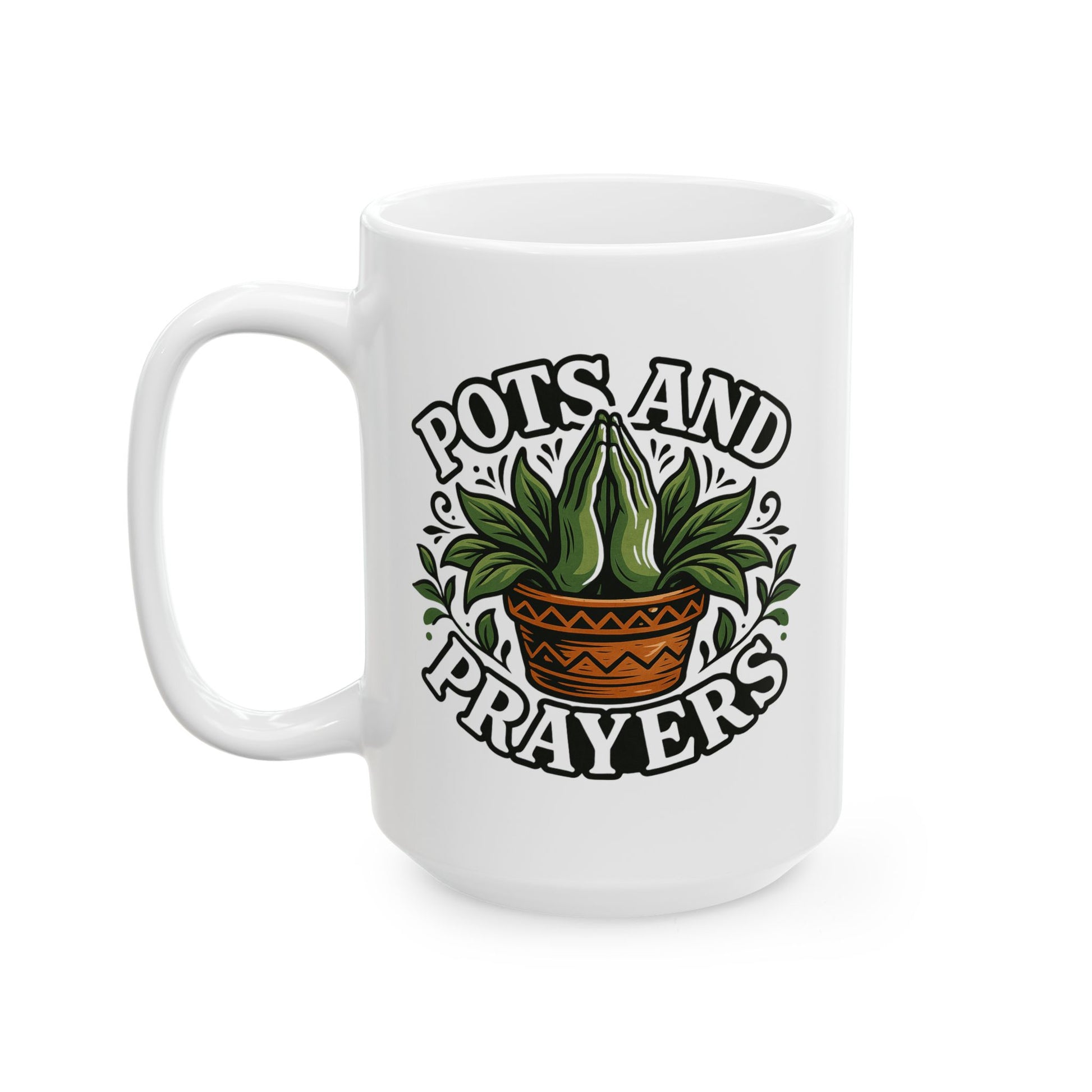 11 ounce white coffee mug with a graphic of a potted plant with the foliage forming a pair of praying hands and the words pots and prayers, colors are vibrant and glossy.