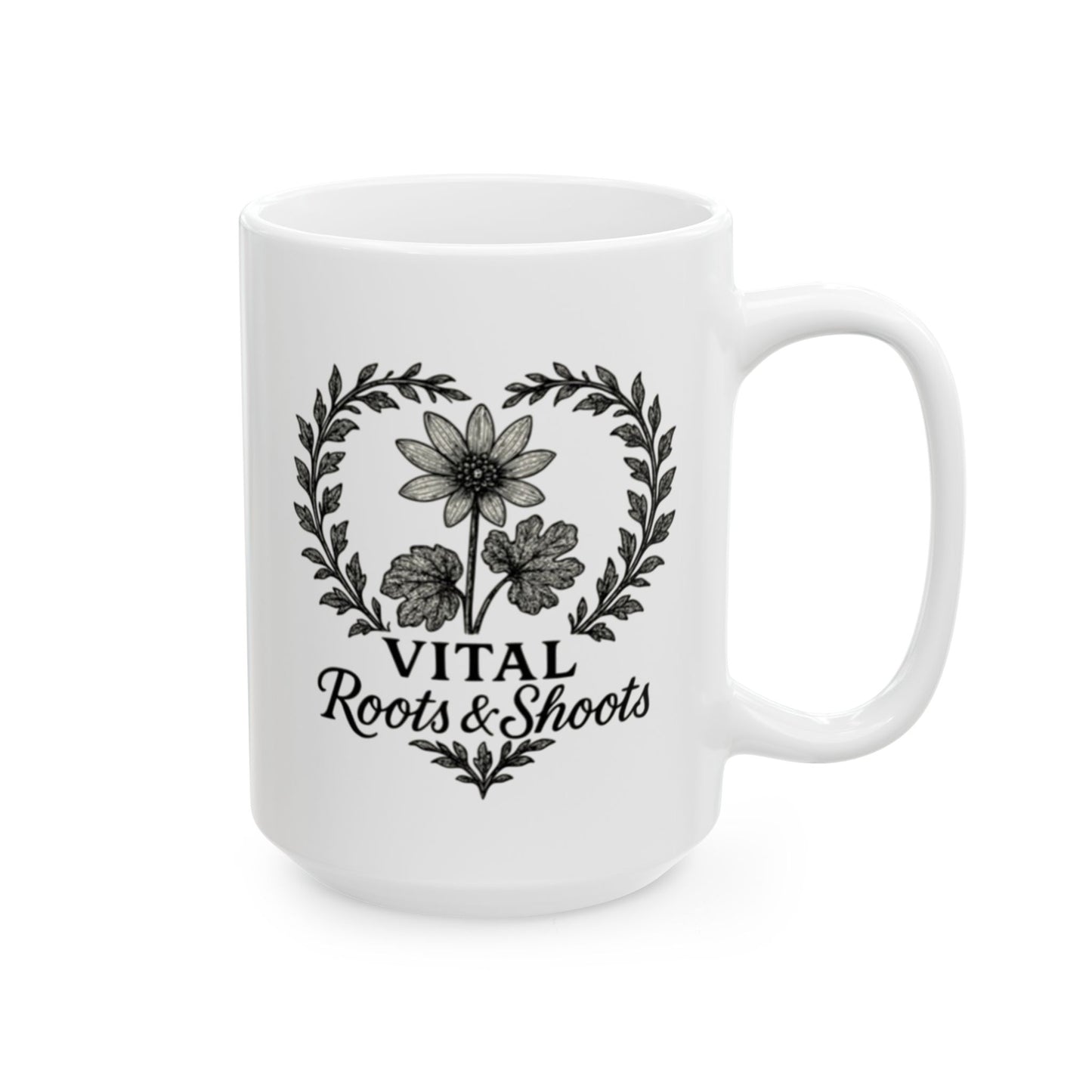 Reverse side of 11 ounce coffee mug with black and white Vital Roots and Shoots logo beautifully glossy finish.
