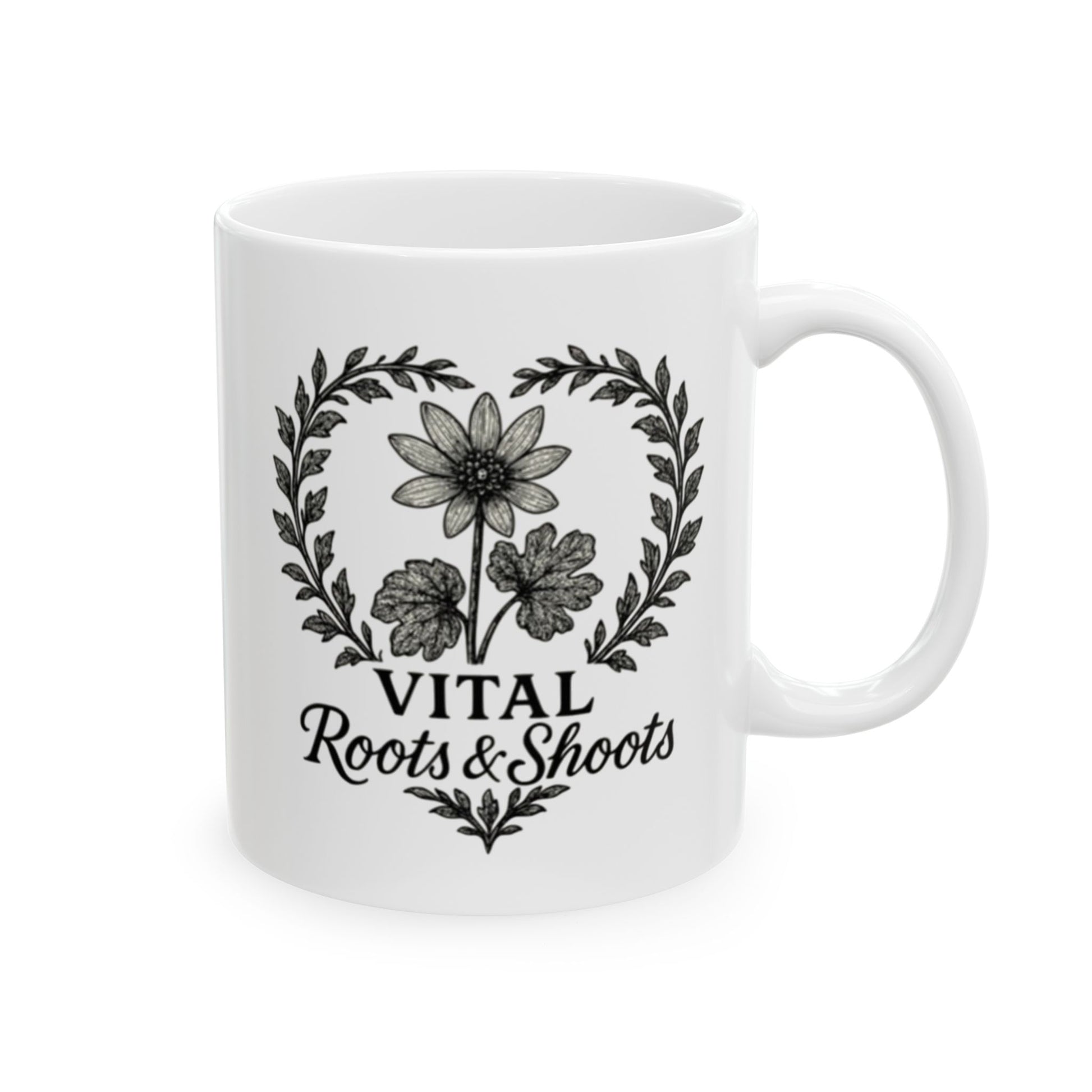 Reverse side of 15 ounce coffee mug with black and white Vital Roots and Shoots logo beautifully glossy finish.