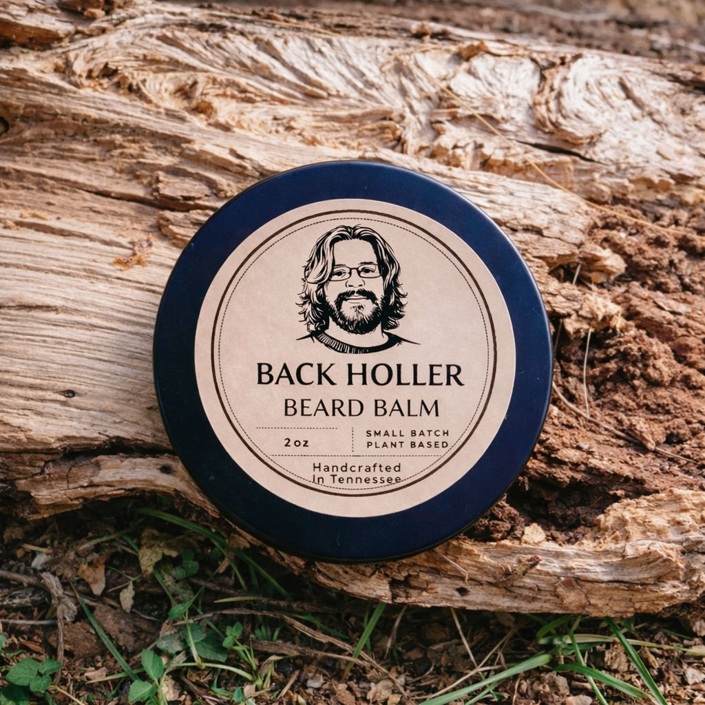 Back Holler Beard Balm container on a wooden log with grass